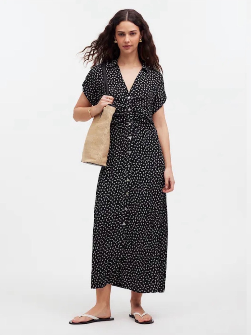 Madewell Button Down Shirt Maxi Dress  Black W/ White Ditsy Print Summer Floral